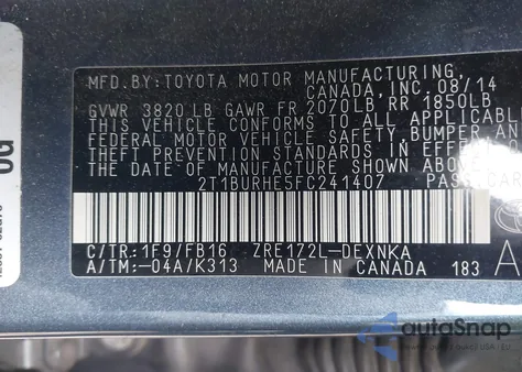 2015 Toyota Corolla Le z USA, uszkodzony, nr VIN 2T1BURHE5FC241407